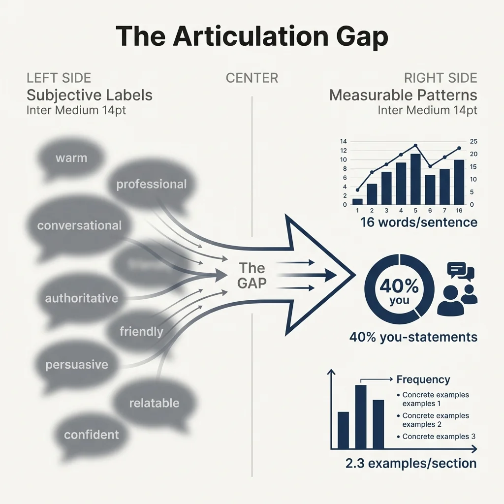 Diagram showing the articulation gap: subjective voice descriptions like 'warm' and 'conversational' on one side, with a gap between them and the measurable patterns AI needs on the other side