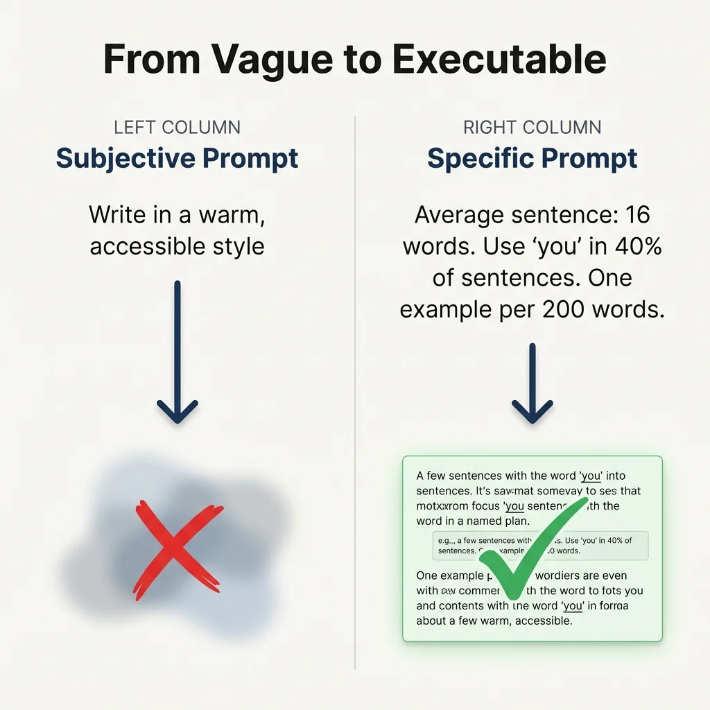 Side-by-side comparison showing generic AI output from subjective prompts versus voice-matched output from measurable specifications