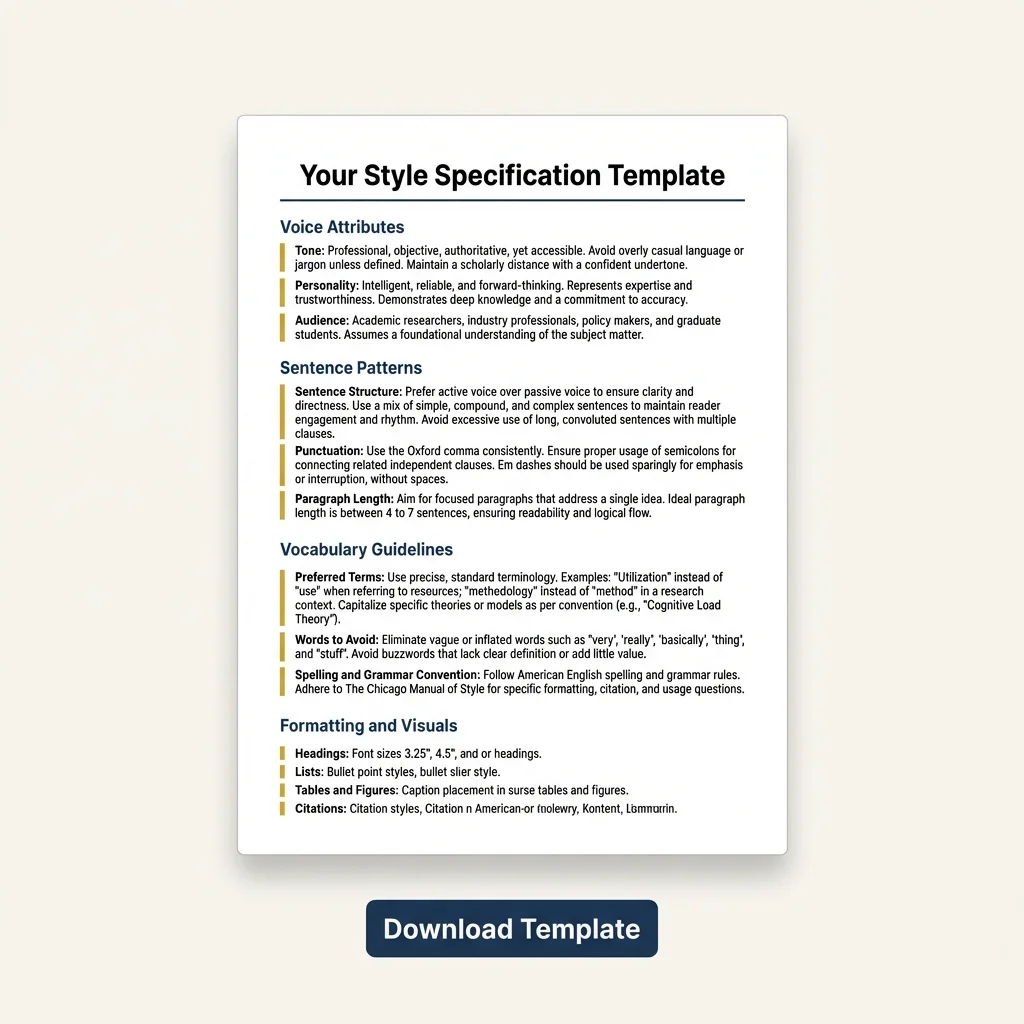 Preview of a completed style specification template showing all six sections filled in with specific, measurable guidance