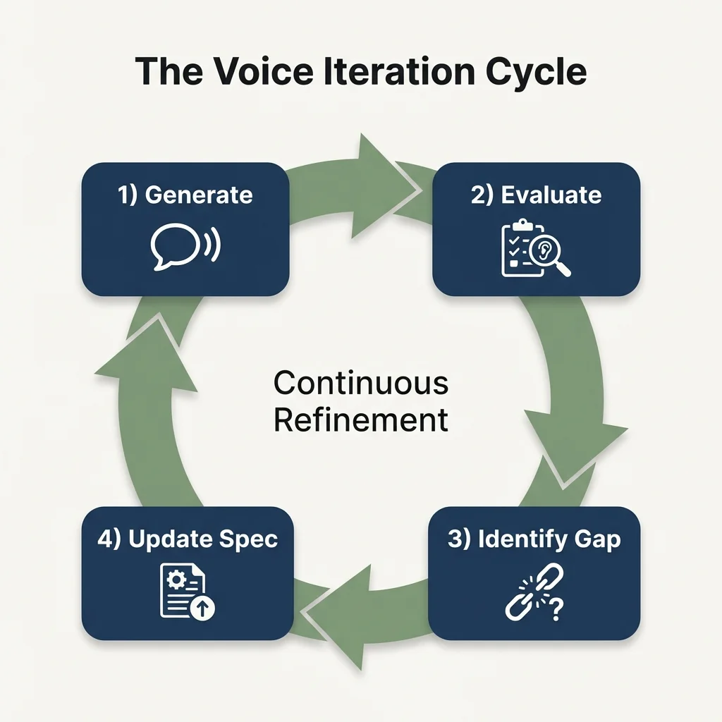 Circular workflow diagram showing the six-step iteration loop: generate output, score against rubric, identify lowest-scoring dimensions, diagnose specific failures, update style specification, regenerate and retest