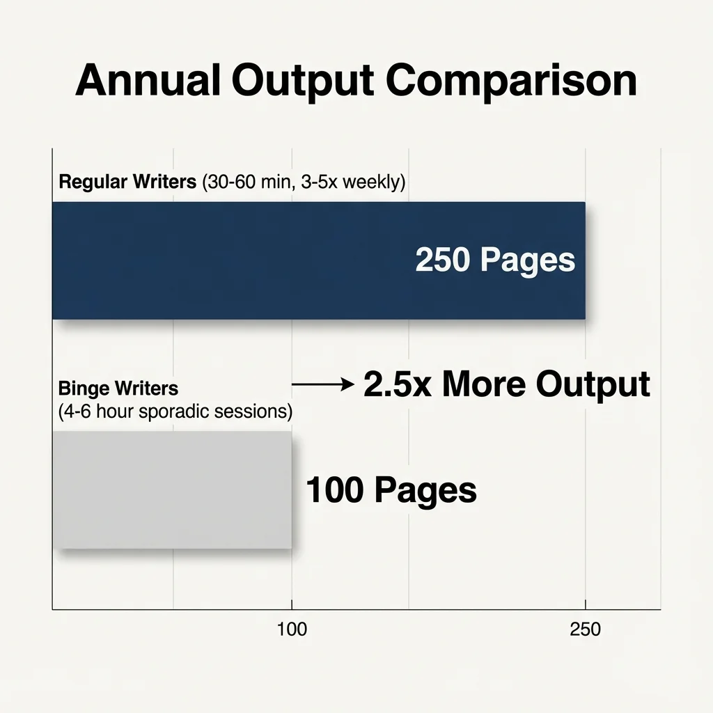 Bar chart showing regular writers produce ~250 pages/year versus binge writers producing ~100 pages/year - a 2.5x difference