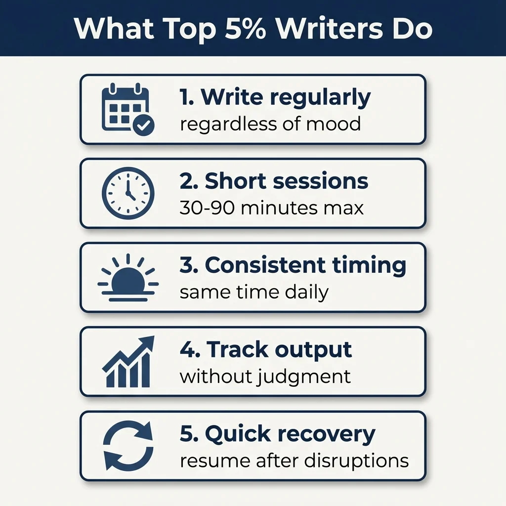 Five traits of top 5% writers: write regularly regardless of mood, short sessions (30-90 min), consistent timing, track output without judgment, quick recovery after disruptions
