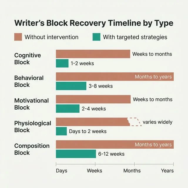 Horizontal bar chart comparing writer's block recovery timelines across five block types, showing untreated duration versus duration with targeted intervention strategies