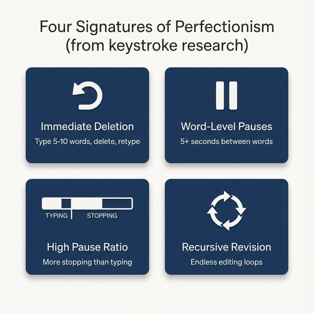 Four keystroke research findings: Immediate Deletion pattern, Word-Level Pauses (5+ seconds), High Pause Ratio, and Recursive Revision loops