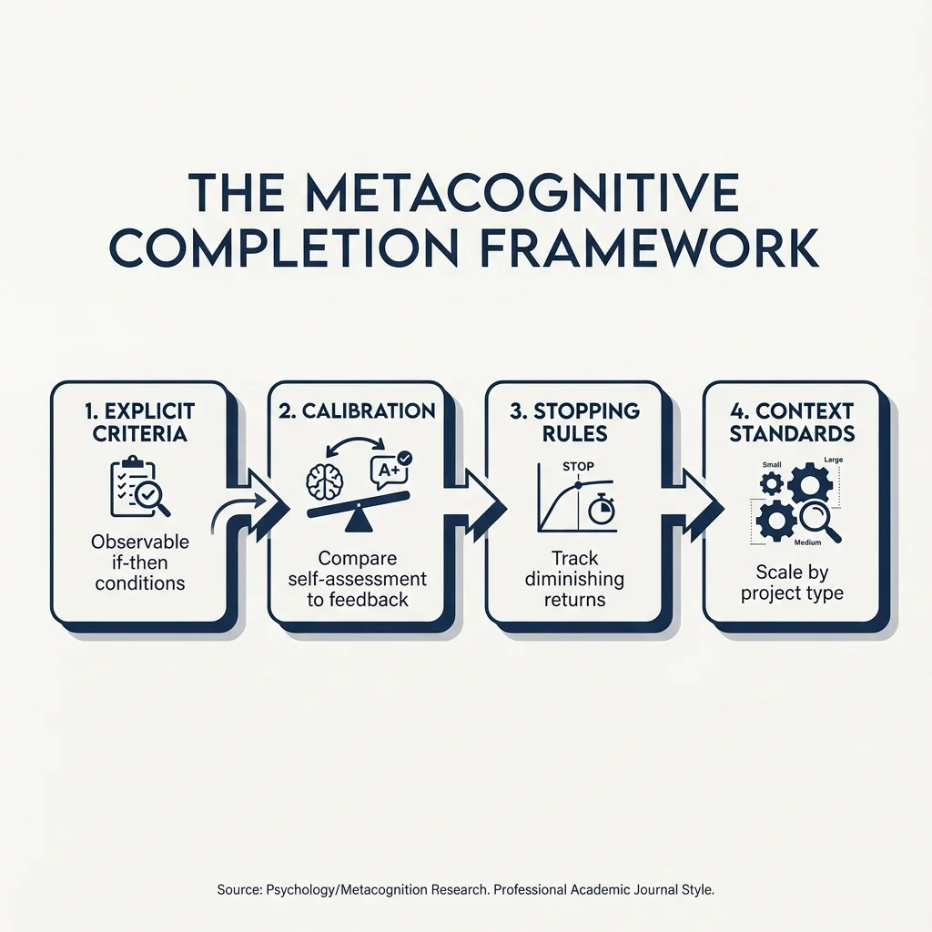 Flowchart showing the Metacognitive Completion Framework with four components: 1) Explicit If-Then Criteria (observable conditions), 2) Calibration Training (write-evaluate-compare cycle), 3) Strategic Stopping Rules (diminishing returns), 4) Context-Specific Standards (scaled by project type)
