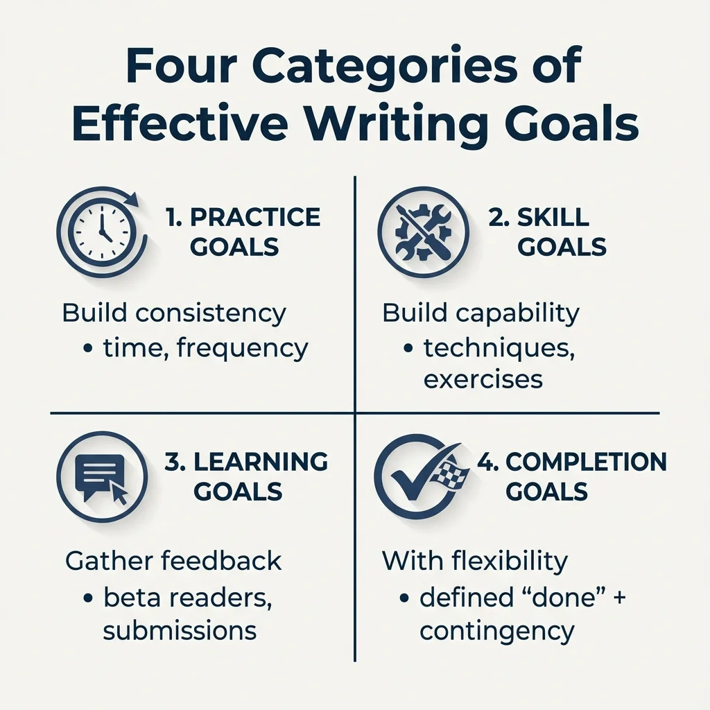 Four quadrant diagram showing goal categories: Practice Goals (consistency), Skill Development Goals (capability), Learning Goals (feedback), and Completion Goals (with flexibility). Arrows show how they work together.