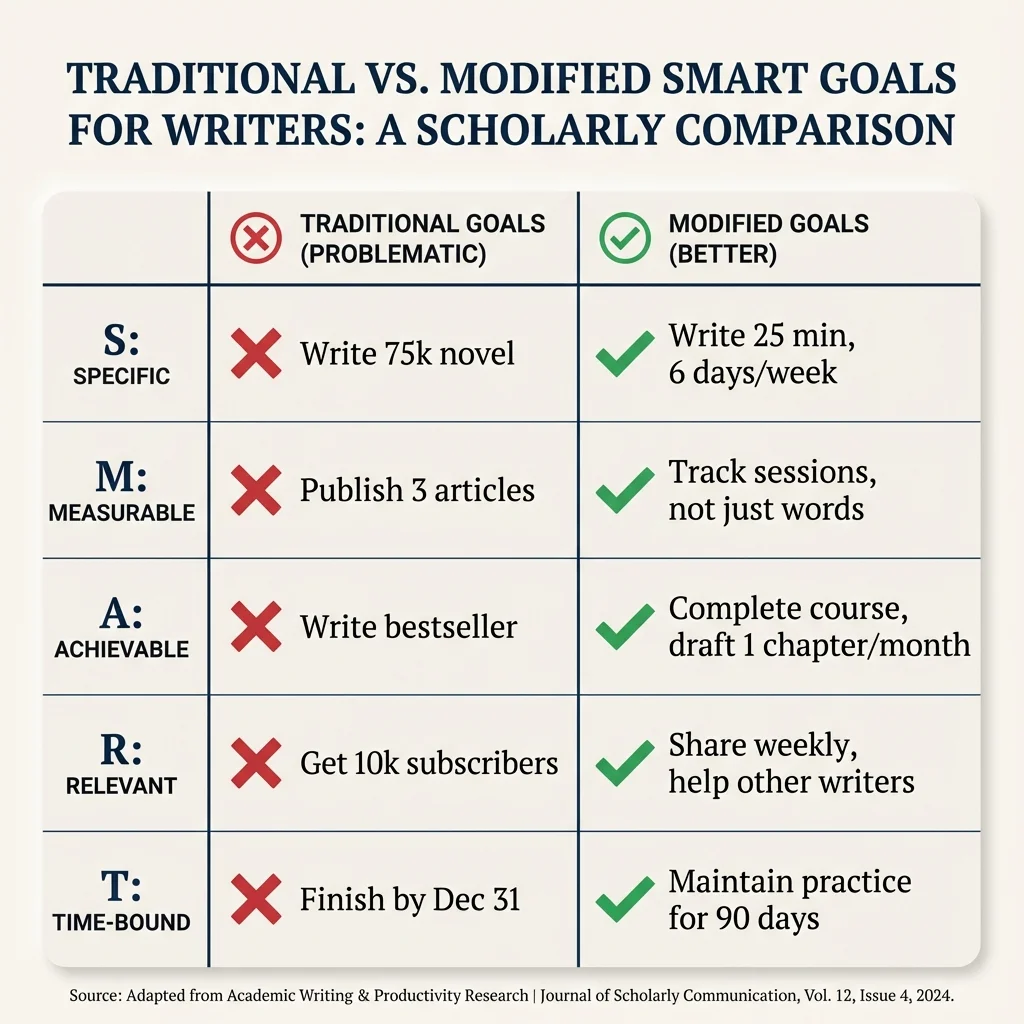 Comparison showing traditional SMART vs. modified SMART for writers. Traditional: Specific outcome, Measurable counts, Achievable deadline, Relevant to output, Time-bound by end date. Modified: Specific process, Measurable behavior, Achievable through skills, Relevant to values, Time-bound through consistency.