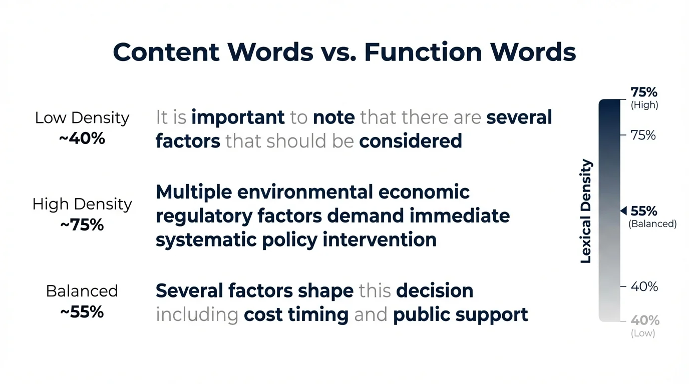Three example sentences showing low density at 40%, high density at 75%, and balanced density at 55%, with content words highlighted in navy and function words in gray
