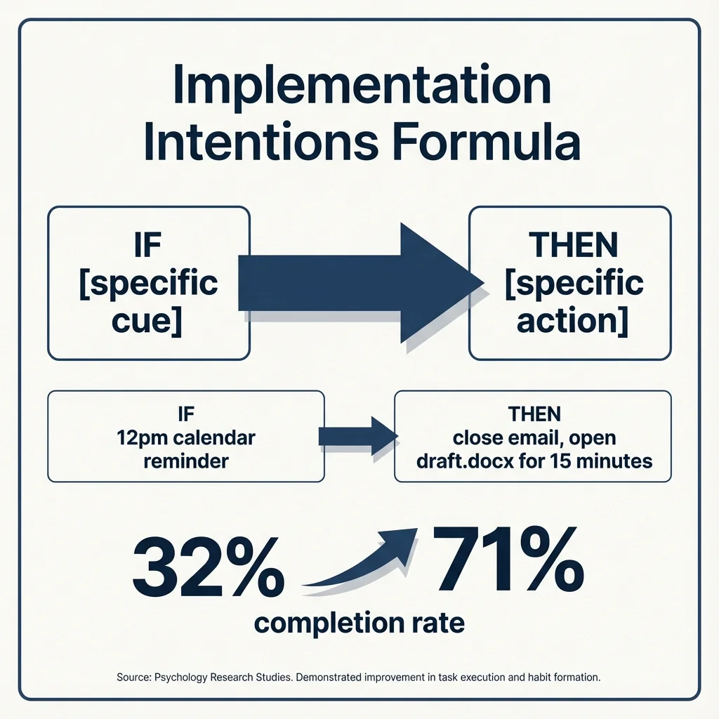 Formula diagram showing IF [specific cue] THEN [specific action] with example: IF 12pm calendar reminder THEN close email, open draft.docx for 15 minutes. Shows 32% to 71% completion rate improvement