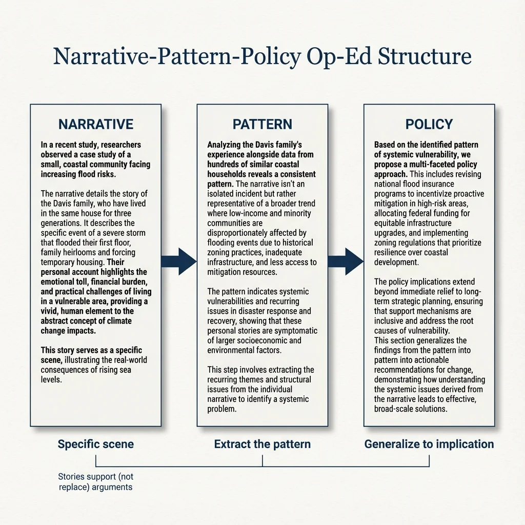 Three-step flow diagram: NARRATIVE (specific scene, 100 words) → PATTERN (extract the pattern, 100 words) → POLICY (generalize to implication, 100 words). Arrows show progression from concrete to abstract.