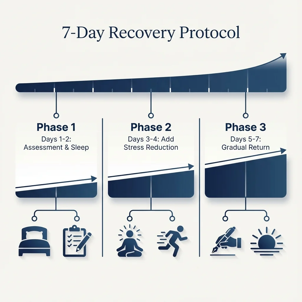 Three-phase timeline: Days 1-2 (Assessment & Sleep), Days 3-4 (Add Stress Reduction), Days 5-7 (Gradual Return to writing)