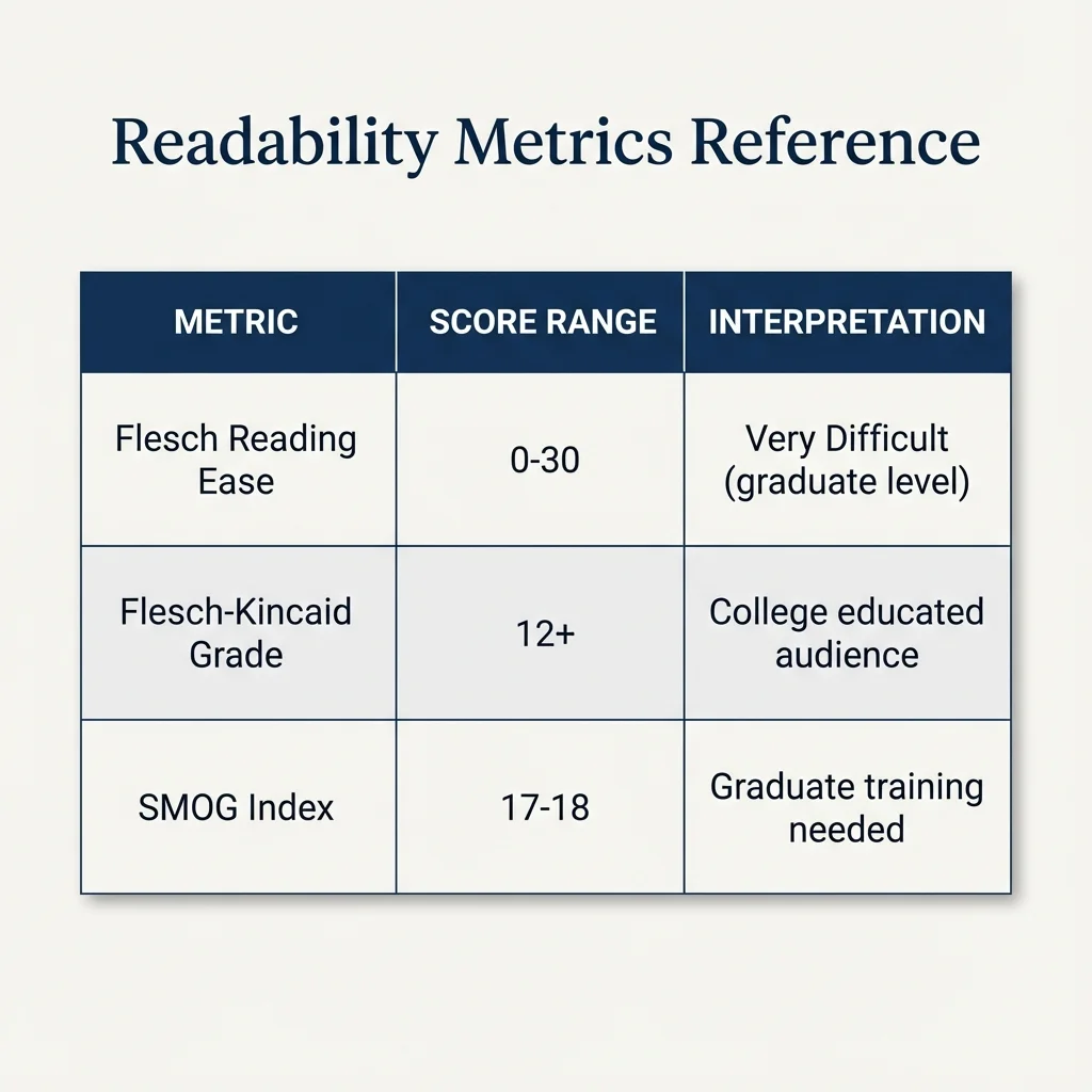 Comparison table of readability formulas: Flesch-Kincaid Grade Level (12-16+ for academic), Flesch Reading Ease (20-30 for academic = 'very difficult'), SMOG Index (0.985 reliability), and Lexical Density (40-70% for academic)