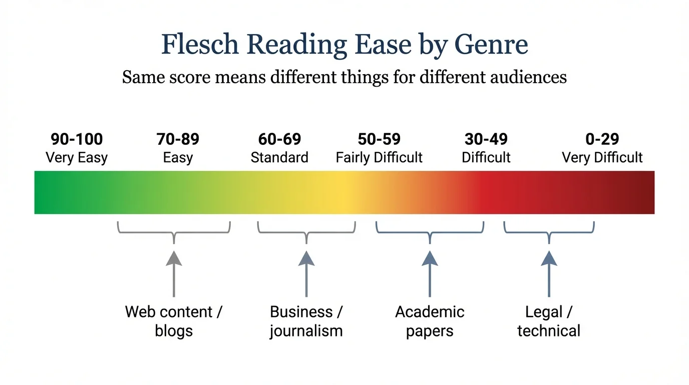 Horizontal scale showing Flesch Reading Ease scores from 0 to 100, with genre zones marked: web content and blogs in the easy range, business and journalism in the standard range, academic papers in the difficult range, and legal and technical writing in the very difficult range