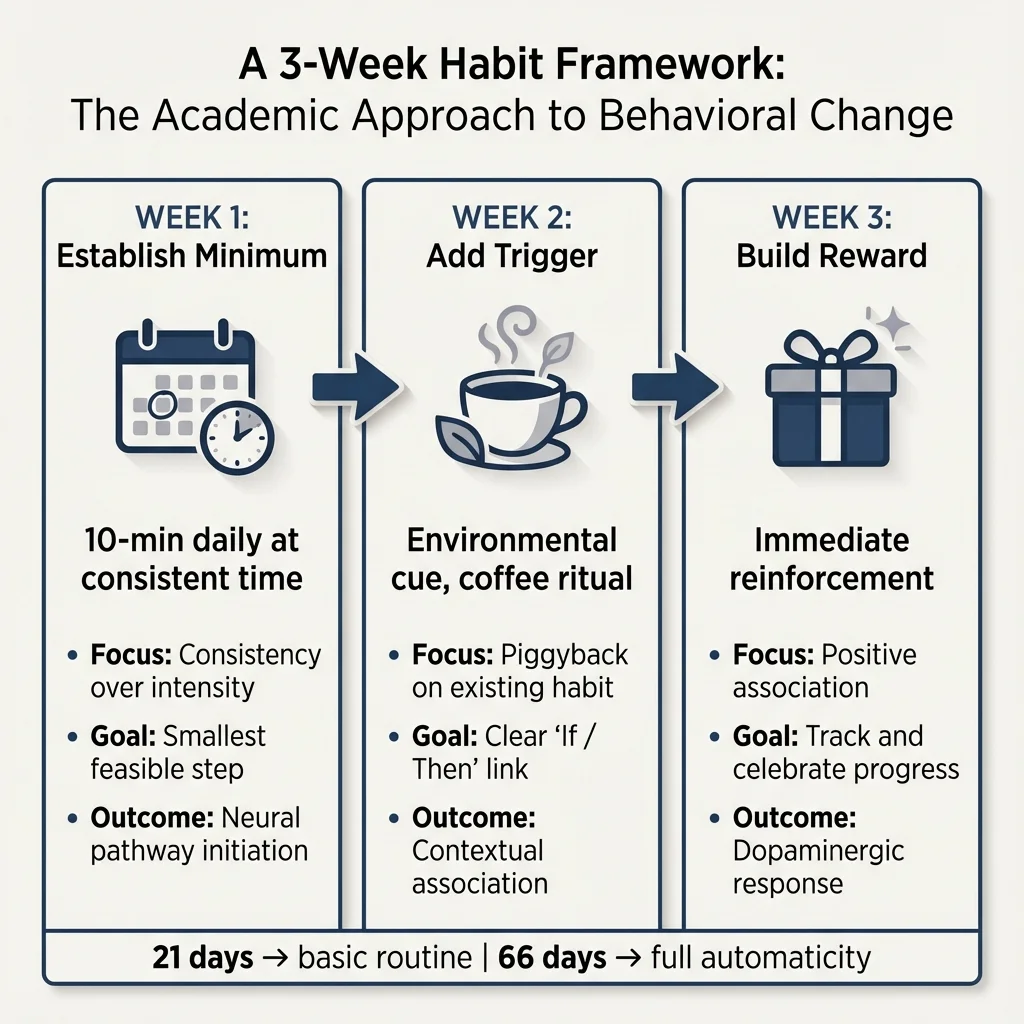 Three-column layout: Week 1 (Establish 10-min minimum), Week 2 (Add environmental trigger), Week 3 (Implement immediate reward). Shows 21 days for basic routine, 66 days for full automaticity