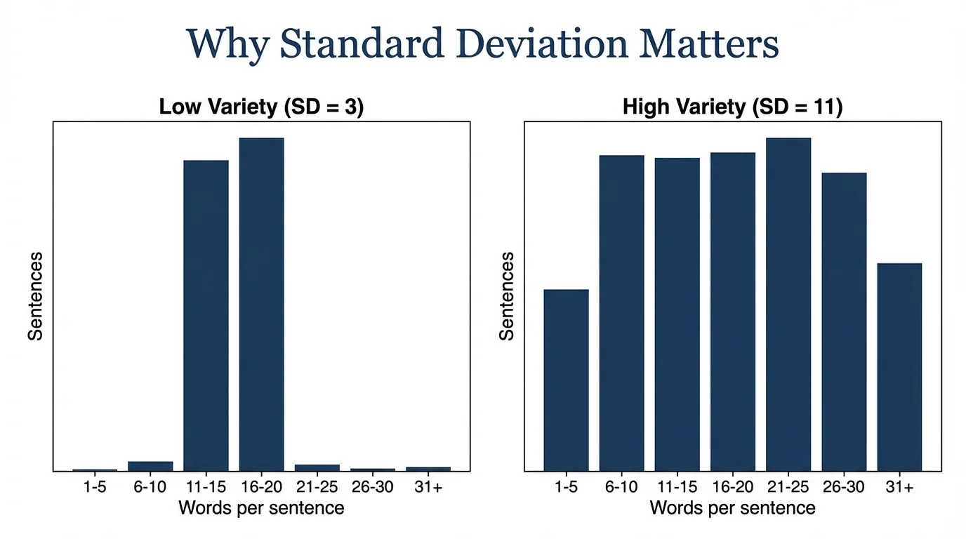 Two bar charts comparing sentence length distributions: low variety with SD=3 showing a narrow peak, and high variety with SD=11 showing a spread distribution