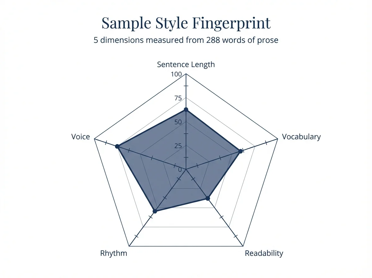Radar chart showing a sample writing style fingerprint across five dimensions: sentence length, vocabulary, readability, rhythm, and voice