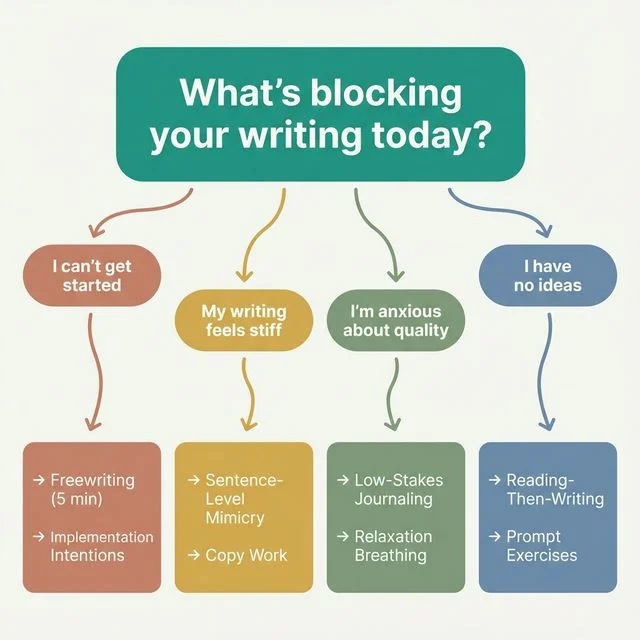 Decision flowchart helping writers choose the right warm-up exercise based on what's blocking their writing today